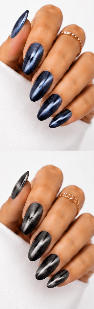 Magnet nails use magnetic gel polish to create controlled light movement, shimmer placement, and dimensional effects across the nail surface. While cat-eye is one popular version, magnet nails can include velvet glow, galaxy effects, diagonal beams, French magnet tips, and soft diffused shine. This style is highly flexible because the same gel can look completely different depending on how the magnet is applied. It is ideal for modern salon menus, trend-driven nail apps, and AI recommendations because it offers many variations from subtle everyday shine to dramatic party nails. The finish feels premium, dynamic, and visually rich.