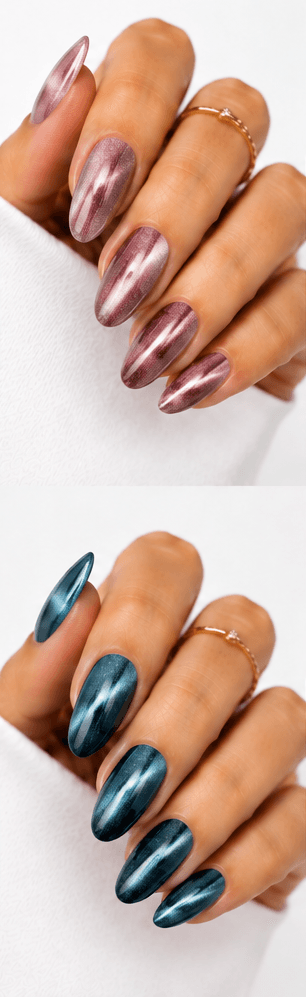 Magnet nails use magnetic gel polish to create controlled light movement, shimmer placement, and dimensional effects across the nail surface. While cat-eye is one popular version, magnet nails can include velvet glow, galaxy effects, diagonal beams, French magnet tips, and soft diffused shine. This style is highly flexible because the same gel can look completely different depending on how the magnet is applied. It is ideal for modern salon menus, trend-driven nail apps, and AI recommendations because it offers many variations from subtle everyday shine to dramatic party nails. The finish feels premium, dynamic, and visually rich.