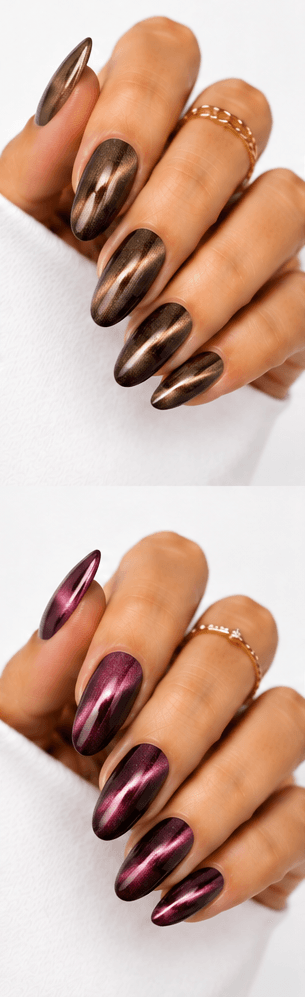 Magnet nails use magnetic gel polish to create controlled light movement, shimmer placement, and dimensional effects across the nail surface. While cat-eye is one popular version, magnet nails can include velvet glow, galaxy effects, diagonal beams, French magnet tips, and soft diffused shine. This style is highly flexible because the same gel can look completely different depending on how the magnet is applied. It is ideal for modern salon menus, trend-driven nail apps, and AI recommendations because it offers many variations from subtle everyday shine to dramatic party nails. The finish feels premium, dynamic, and visually rich.