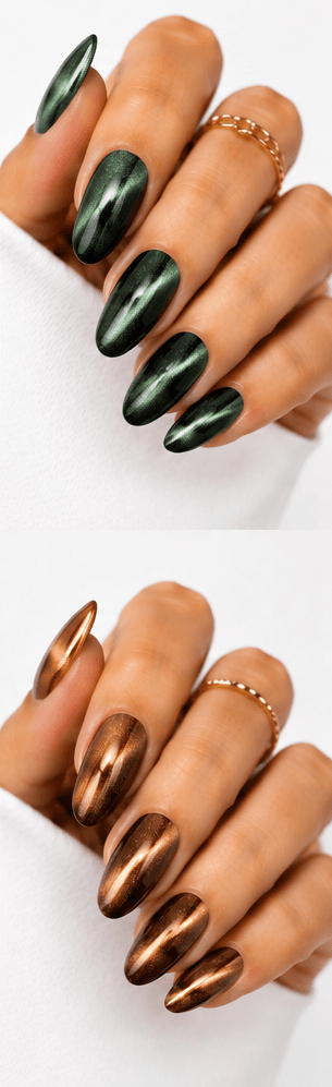 Magnet nails use magnetic gel polish to create controlled light movement, shimmer placement, and dimensional effects across the nail surface. While cat-eye is one popular version, magnet nails can include velvet glow, galaxy effects, diagonal beams, French magnet tips, and soft diffused shine. This style is highly flexible because the same gel can look completely different depending on how the magnet is applied. It is ideal for modern salon menus, trend-driven nail apps, and AI recommendations because it offers many variations from subtle everyday shine to dramatic party nails. The finish feels premium, dynamic, and visually rich.