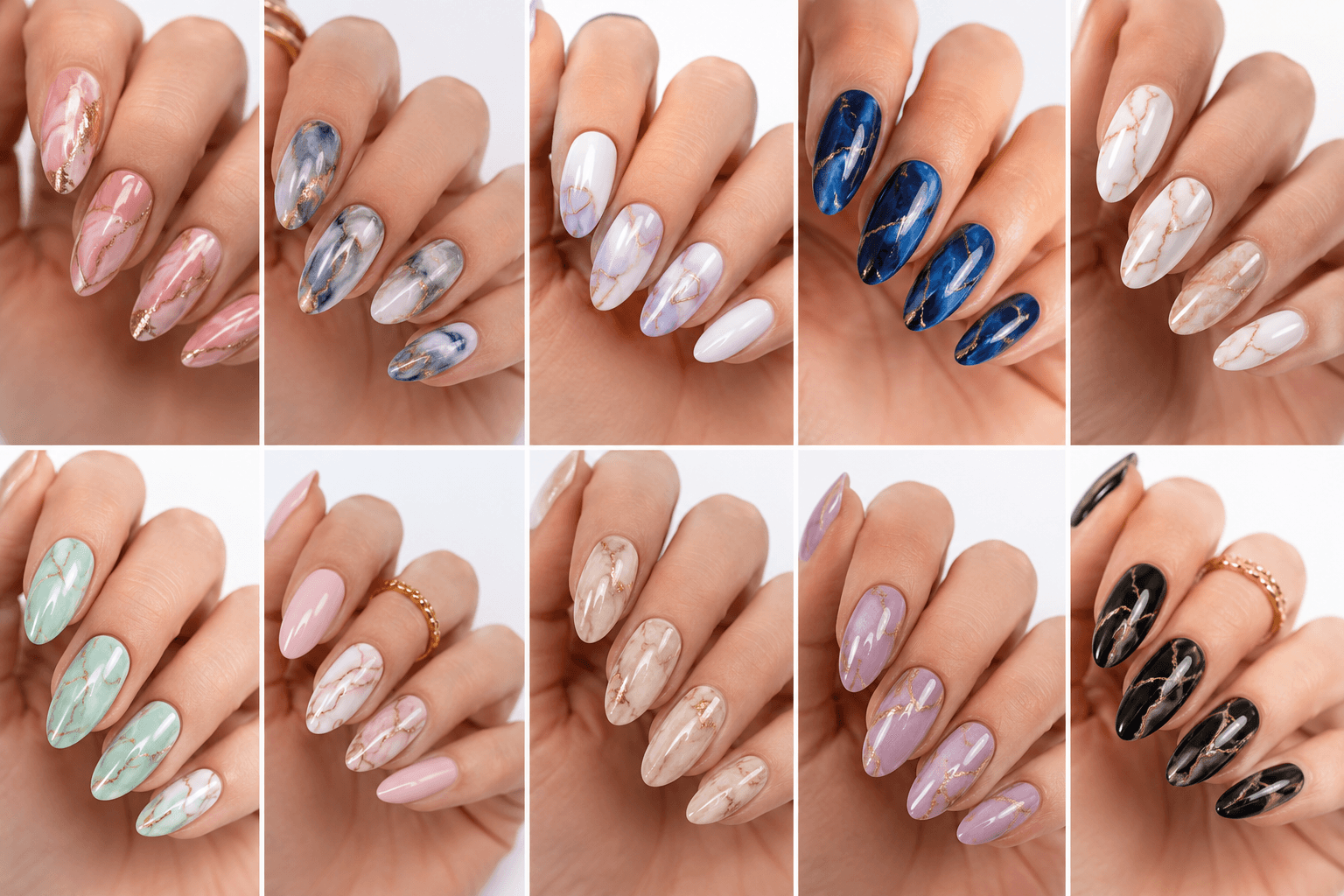 Marble nails imitate the natural veins and soft color flow of real stone, creating an artistic yet elegant manicure. The style can look minimal with white and nude tones, luxurious with gold foil, or dramatic with black, emerald, brown, and smoky shades. Marble designs are popular in salons because every nail can be slightly different, giving the manicure a custom-made feeling. They are especially useful for editorial collections, wedding nail sets, office-friendly luxury looks, and clients who want pattern without cute motifs. Marble nails balance sophistication and creativity, making them timeless for beauty websites and visual nail galleries.