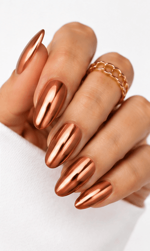 Mirror nails are known for their polished metallic reflection, creating a sleek, futuristic look that instantly catches the light. This style is often made with chrome powder or reflective gel layered over a smooth base color, giving the nails a glassy, high-shine finish. It works beautifully for minimalist fashion, luxury beauty shoots, party looks, and editorial nail collections. Depending on the base shade, mirror nails can feel cool and modern, glamorous and bold, or soft and elegant. They are especially popular among clients who want a statement manicure without heavy patterns or complicated art.