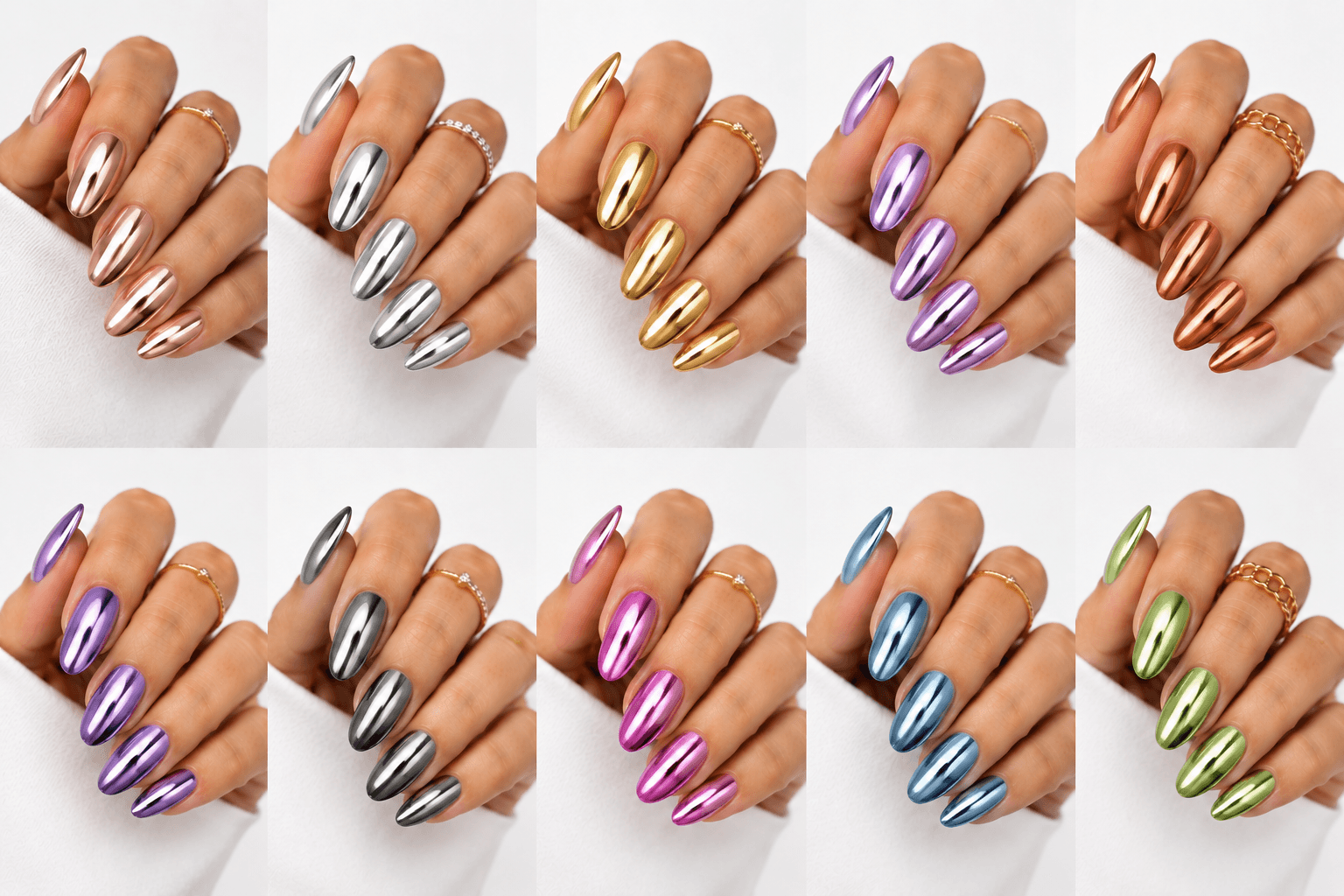 Mirror nails are known for their polished metallic reflection, creating a sleek, futuristic look that instantly catches the light. This style is often made with chrome powder or reflective gel layered over a smooth base color, giving the nails a glassy, high-shine finish. It works beautifully for minimalist fashion, luxury beauty shoots, party looks, and editorial nail collections. Depending on the base shade, mirror nails can feel cool and modern, glamorous and bold, or soft and elegant. They are especially popular among clients who want a statement manicure without heavy patterns or complicated art.