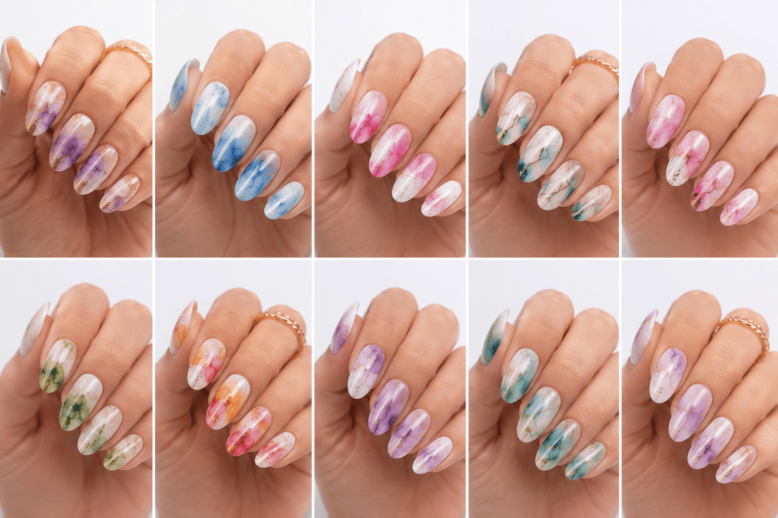 Watercolor nails are inspired by the soft transparency and flowing pigments of watercolor painting. This style uses diluted gel colors, sheer washes, and blended edges to create an artistic, airy look on the nails. It can feel romantic with florals, modern with abstract color clouds, or fresh with pastel gradients. Watercolor nails are especially useful for clients who want a delicate design that still feels creative and personal. Because the effect is light and layered, it photographs beautifully for beauty editorials, spring collections, bridal nail sets, and soft lifestyle content.