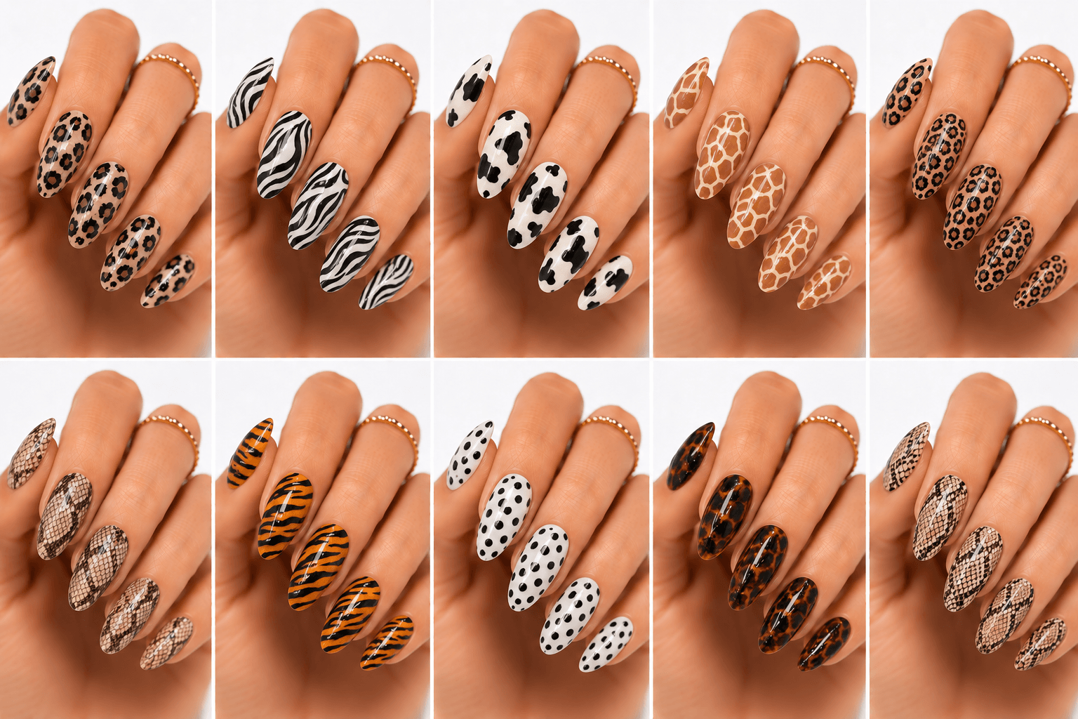Animal nails include designs inspired by animal prints, cute creatures, pets, wildlife, and playful character-like motifs that do not rely on copyrighted characters. This theme can be chic with leopard, zebra, cow, or snakeskin patterns, cute with cats, dogs, rabbits, bears, and ducks, or artistic with birds, butterflies, fish, and jungle animals. Animal nails are useful for both fashion-forward and kawaii collections because the mood can shift from bold to adorable. They work well with stamping, hand painting, stickers, 3D accents, matte finishes, and textured details. For nail websites and apps, animal themes are easy to categorize by species, print type, mood, and occasion.