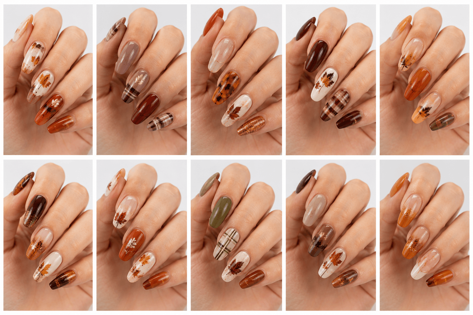 Autumn nails are warm, earthy, and sophisticated designs inspired by falling leaves, cozy fabrics, coffee, pumpkins, amber light, and seasonal fashion. This theme often uses brown, caramel, terracotta, burgundy, olive, mustard, taupe, gold foil, matte textures, and smoky gradients. Autumn nails can look minimal with muted colors, luxurious with marble and foil, cozy with sweater details, or bold with animal print and deep red. They are ideal for fall salon menus, seasonal SEO, fashion galleries, and clients who want a mature, warm, and wearable manicure. The theme is easy to recommend by color warmth, texture, occasion, and style personality.