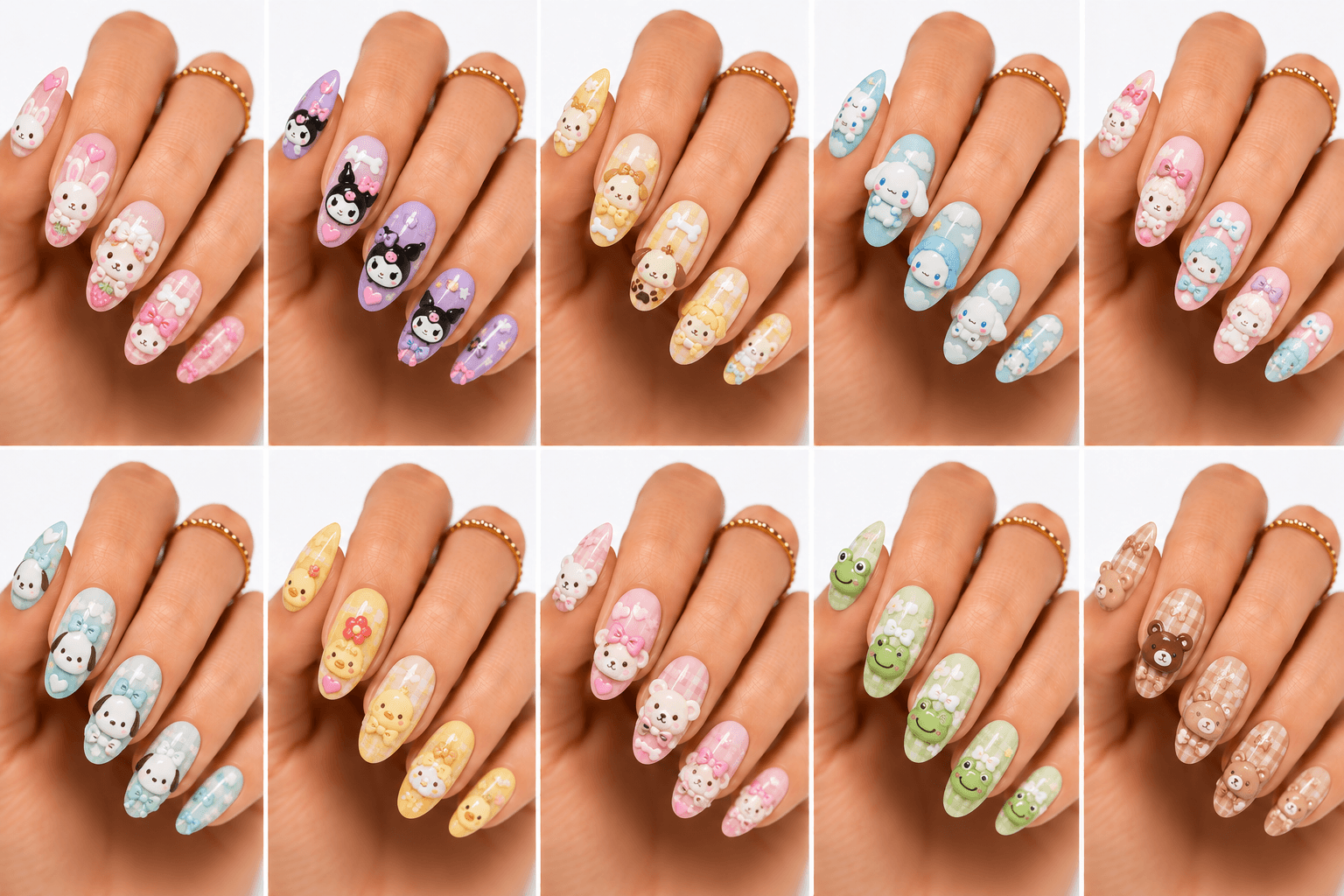 Character nails focus on original, non-copyrighted figures, mascots, cute faces, fantasy creatures, and story-inspired details. This theme can feel playful, nostalgic, expressive, or highly personalized depending on the illustration style. Instead of copying protected characters, salons can create unique bears, rabbits, cats, ghosts, fairies, dolls, stars, or mood-based icons that match the client’s personality. Character nails work well with hand painting, stickers, 3D charms, pastel bases, jelly finishes, and matte textures. They are especially useful for social media content, themed collections, birthday sets, kawaii nail galleries, and AI recommendations based on mood, color, and personality.