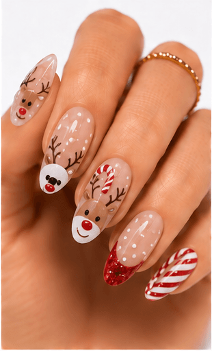 Christmas nails are festive designs inspired by holiday colors, cozy textures, winter motifs, gifts, ornaments, snowflakes, candy canes, stars, wreaths, and sparkling lights. This theme can be cute with tiny icons, elegant with red and gold, cozy with sweater patterns, or luxurious with glitter, velvet, chrome, and rhinestones. Christmas nails are highly seasonal and extremely useful for salon campaigns, holiday menus, social media galleries, and recommendation systems. They can be adapted for clients who want a subtle winter accent or a full festive statement set. The theme is easy to organize by color palette, motif, sparkle level, and occasion.