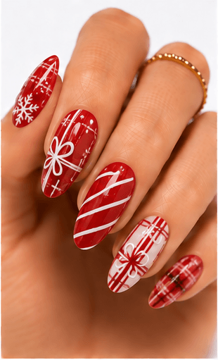 Christmas nails are festive designs inspired by holiday colors, cozy textures, winter motifs, gifts, ornaments, snowflakes, candy canes, stars, wreaths, and sparkling lights. This theme can be cute with tiny icons, elegant with red and gold, cozy with sweater patterns, or luxurious with glitter, velvet, chrome, and rhinestones. Christmas nails are highly seasonal and extremely useful for salon campaigns, holiday menus, social media galleries, and recommendation systems. They can be adapted for clients who want a subtle winter accent or a full festive statement set. The theme is easy to organize by color palette, motif, sparkle level, and occasion.