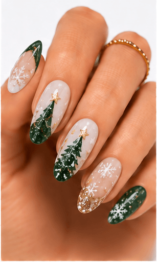 Christmas nails are festive designs inspired by holiday colors, cozy textures, winter motifs, gifts, ornaments, snowflakes, candy canes, stars, wreaths, and sparkling lights. This theme can be cute with tiny icons, elegant with red and gold, cozy with sweater patterns, or luxurious with glitter, velvet, chrome, and rhinestones. Christmas nails are highly seasonal and extremely useful for salon campaigns, holiday menus, social media galleries, and recommendation systems. They can be adapted for clients who want a subtle winter accent or a full festive statement set. The theme is easy to organize by color palette, motif, sparkle level, and occasion.