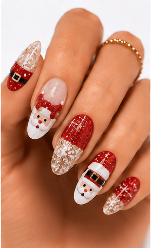 Christmas nails are festive designs inspired by holiday colors, cozy textures, winter motifs, gifts, ornaments, snowflakes, candy canes, stars, wreaths, and sparkling lights. This theme can be cute with tiny icons, elegant with red and gold, cozy with sweater patterns, or luxurious with glitter, velvet, chrome, and rhinestones. Christmas nails are highly seasonal and extremely useful for salon campaigns, holiday menus, social media galleries, and recommendation systems. They can be adapted for clients who want a subtle winter accent or a full festive statement set. The theme is easy to organize by color palette, motif, sparkle level, and occasion.