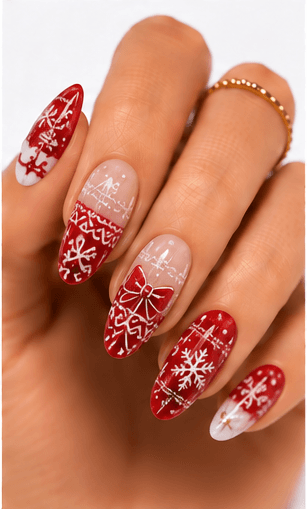 Christmas nails are festive designs inspired by holiday colors, cozy textures, winter motifs, gifts, ornaments, snowflakes, candy canes, stars, wreaths, and sparkling lights. This theme can be cute with tiny icons, elegant with red and gold, cozy with sweater patterns, or luxurious with glitter, velvet, chrome, and rhinestones. Christmas nails are highly seasonal and extremely useful for salon campaigns, holiday menus, social media galleries, and recommendation systems. They can be adapted for clients who want a subtle winter accent or a full festive statement set. The theme is easy to organize by color palette, motif, sparkle level, and occasion.