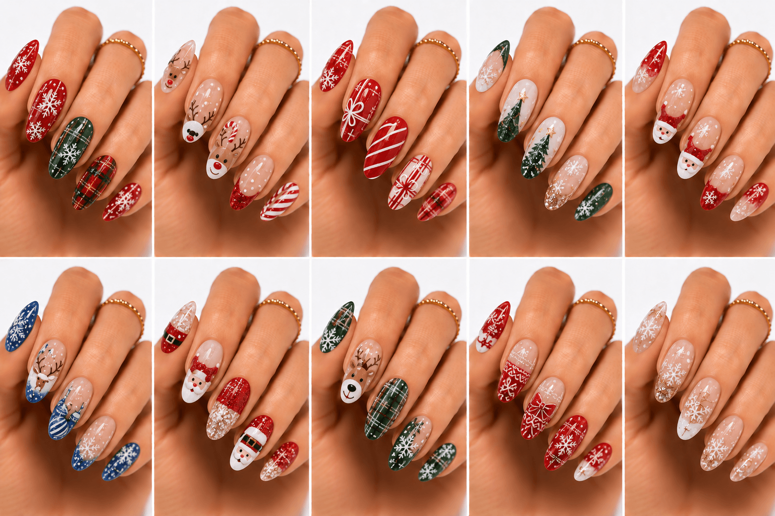 Christmas nails are festive designs inspired by holiday colors, cozy textures, winter motifs, gifts, ornaments, snowflakes, candy canes, stars, wreaths, and sparkling lights. This theme can be cute with tiny icons, elegant with red and gold, cozy with sweater patterns, or luxurious with glitter, velvet, chrome, and rhinestones. Christmas nails are highly seasonal and extremely useful for salon campaigns, holiday menus, social media galleries, and recommendation systems. They can be adapted for clients who want a subtle winter accent or a full festive statement set. The theme is easy to organize by color palette, motif, sparkle level, and occasion.