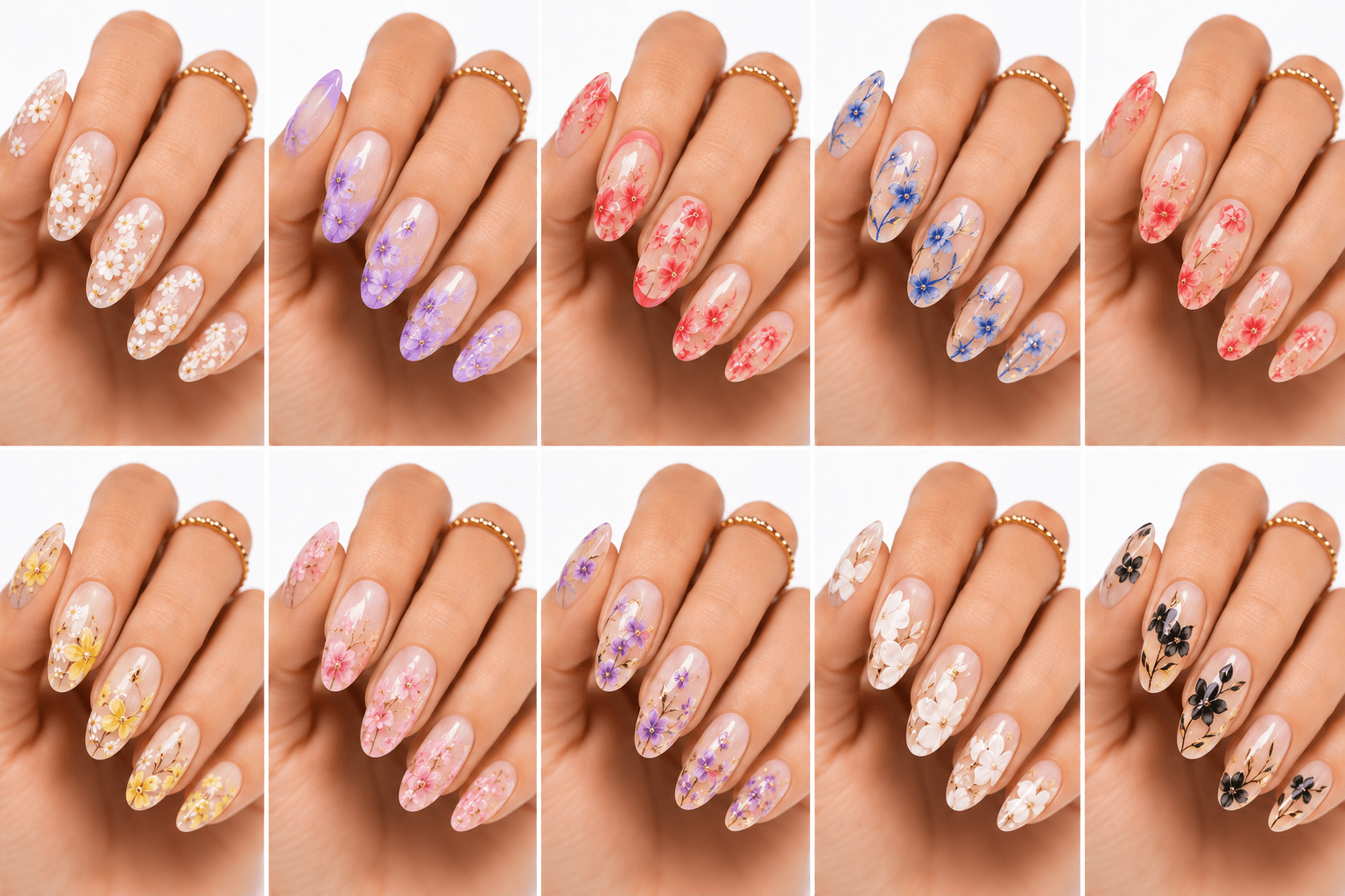 Flower nails are a timeless theme inspired by petals, blossoms, gardens, and botanical details. This style can be soft and romantic with tiny daisies, elegant with roses, fresh with spring florals, or artistic with hand-painted botanical compositions. Flower nails work well across many techniques, including watercolor, stamping, 3D gel, emboss, foil accents, and minimalist line art. They are especially popular for bridal sets, spring collections, garden parties, vacation looks, and feminine daily manicures. Because floral motifs are easy to adapt by color, size, and mood, this theme is highly useful for nail websites, image galleries, SEO categories, and AI style recommendations.