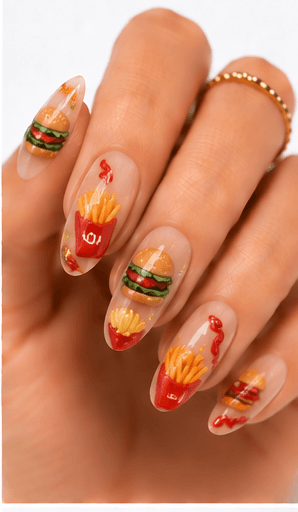 Food nails are a playful and highly visual theme inspired by desserts, drinks, snacks, breakfast items, sushi, pasta, candy, pastries, and café culture. This theme can look cute and quirky with tiny illustrated foods, stylish with coffee and croissant motifs, or bold with colorful pop-art meals. Food nails are especially useful for social media, seasonal campaigns, themed salon collections, and clients who want a manicure that feels personal and fun. The style works well with hand painting, stickers, 3D mini charms, jelly details, glossy droplets, and matte backgrounds. For apps and websites, food themes are easy to tag by cuisine, ingredient, color, and mood.
