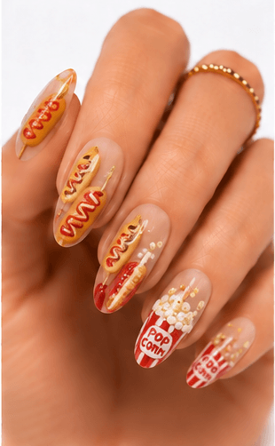 Food nails are a playful and highly visual theme inspired by desserts, drinks, snacks, breakfast items, sushi, pasta, candy, pastries, and café culture. This theme can look cute and quirky with tiny illustrated foods, stylish with coffee and croissant motifs, or bold with colorful pop-art meals. Food nails are especially useful for social media, seasonal campaigns, themed salon collections, and clients who want a manicure that feels personal and fun. The style works well with hand painting, stickers, 3D mini charms, jelly details, glossy droplets, and matte backgrounds. For apps and websites, food themes are easy to tag by cuisine, ingredient, color, and mood.
