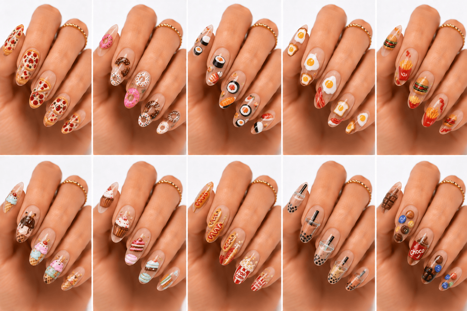 Food nails are a playful and highly visual theme inspired by desserts, drinks, snacks, breakfast items, sushi, pasta, candy, pastries, and café culture. This theme can look cute and quirky with tiny illustrated foods, stylish with coffee and croissant motifs, or bold with colorful pop-art meals. Food nails are especially useful for social media, seasonal campaigns, themed salon collections, and clients who want a manicure that feels personal and fun. The style works well with hand painting, stickers, 3D mini charms, jelly details, glossy droplets, and matte backgrounds. For apps and websites, food themes are easy to tag by cuisine, ingredient, color, and mood.