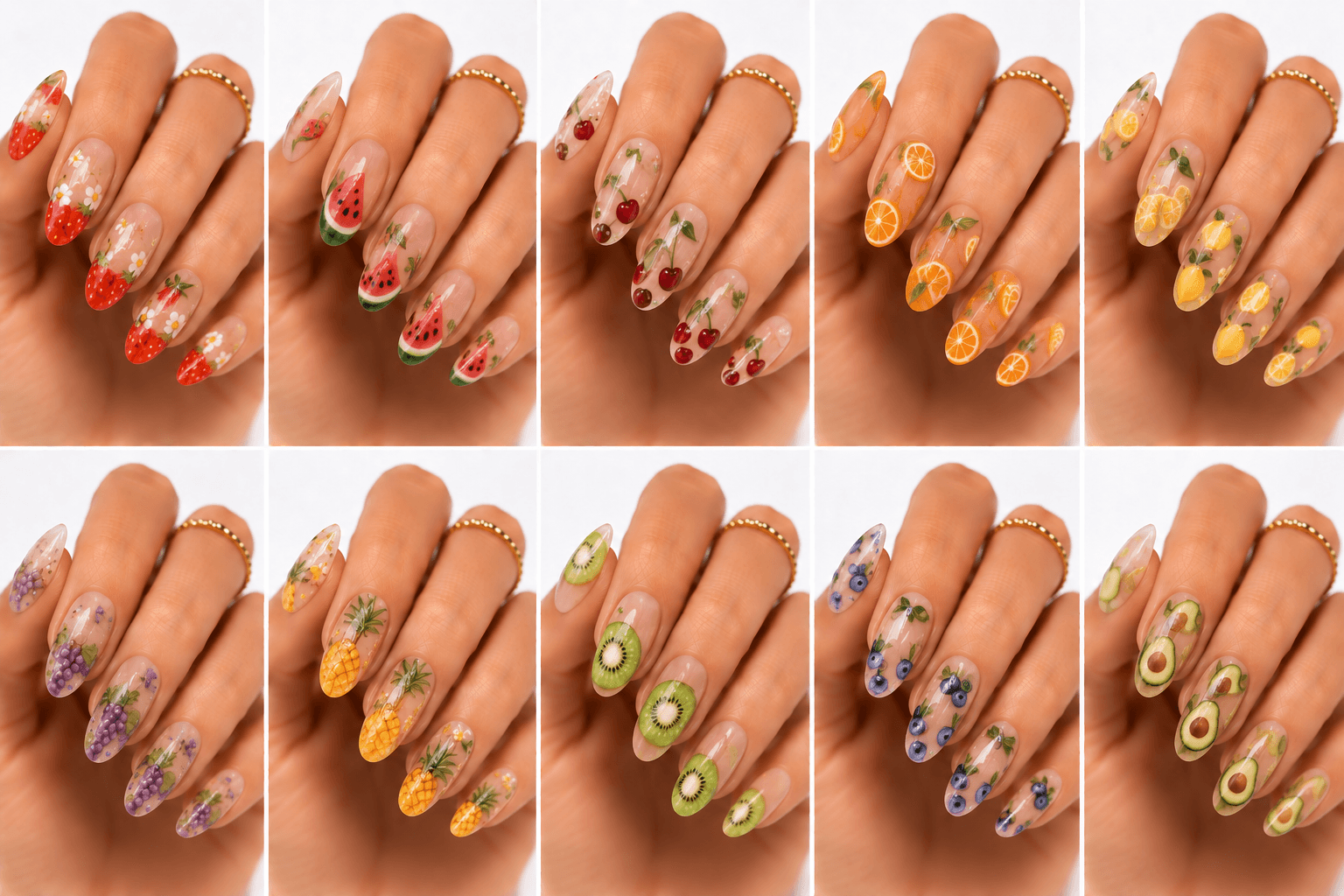Fruit nails are a bright and refreshing theme inspired by citrus slices, cherries, strawberries, peaches, grapes, watermelon, apples, and tropical fruits. This theme usually feels juicy, playful, youthful, and perfect for warm weather, but it can also become elegant when paired with sheer bases, fine line art, or tiny realistic details. Fruit nails work well with jelly gel, watercolor, hand painting, stickers, 3D droplets, and glossy top coats. They are especially popular for summer collections, vacation nails, picnic looks, beach styling, and cute social media content. For nail apps and websites, fruit themes are easy to recommend by color, season, ingredient, and mood.