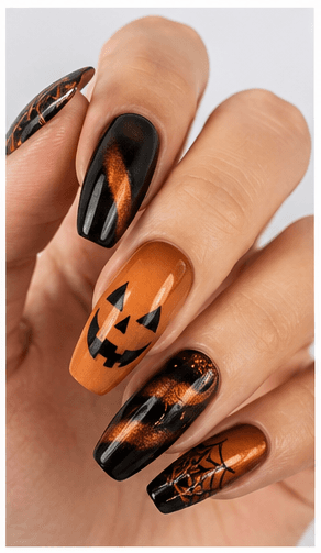Halloween nails are playful, spooky, and dramatic designs inspired by ghosts, pumpkins, bats, spiders, moons, stars, black cats, candles, skulls, candy, and gothic details. This theme can be cute with pastel ghosts, stylish with black and chrome, eerie with dark gradients, or glamorous with glitter, velvet, and rhinestones. Halloween nails are excellent for October salon campaigns, costume parties, themed photo shoots, and social media content. They can be subtle enough for everyday wear or bold enough to complete a costume. For websites and apps, the theme is easy to classify by spooky level, color palette, motif type, and party mood.