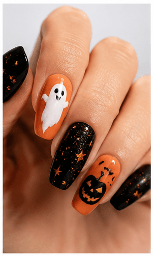 Halloween nails are playful, spooky, and dramatic designs inspired by ghosts, pumpkins, bats, spiders, moons, stars, black cats, candles, skulls, candy, and gothic details. This theme can be cute with pastel ghosts, stylish with black and chrome, eerie with dark gradients, or glamorous with glitter, velvet, and rhinestones. Halloween nails are excellent for October salon campaigns, costume parties, themed photo shoots, and social media content. They can be subtle enough for everyday wear or bold enough to complete a costume. For websites and apps, the theme is easy to classify by spooky level, color palette, motif type, and party mood.