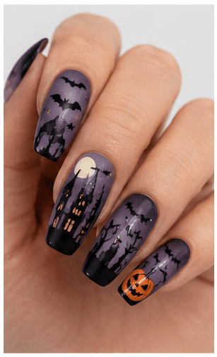 Halloween nails are playful, spooky, and dramatic designs inspired by ghosts, pumpkins, bats, spiders, moons, stars, black cats, candles, skulls, candy, and gothic details. This theme can be cute with pastel ghosts, stylish with black and chrome, eerie with dark gradients, or glamorous with glitter, velvet, and rhinestones. Halloween nails are excellent for October salon campaigns, costume parties, themed photo shoots, and social media content. They can be subtle enough for everyday wear or bold enough to complete a costume. For websites and apps, the theme is easy to classify by spooky level, color palette, motif type, and party mood.