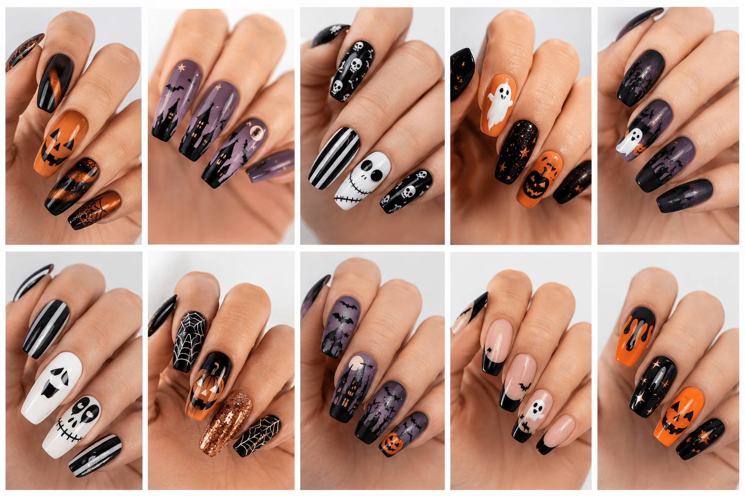 Halloween nails are playful, spooky, and dramatic designs inspired by ghosts, pumpkins, bats, spiders, moons, stars, black cats, candles, skulls, candy, and gothic details. This theme can be cute with pastel ghosts, stylish with black and chrome, eerie with dark gradients, or glamorous with glitter, velvet, and rhinestones. Halloween nails are excellent for October salon campaigns, costume parties, themed photo shoots, and social media content. They can be subtle enough for everyday wear or bold enough to complete a costume. For websites and apps, the theme is easy to classify by spooky level, color palette, motif type, and party mood.