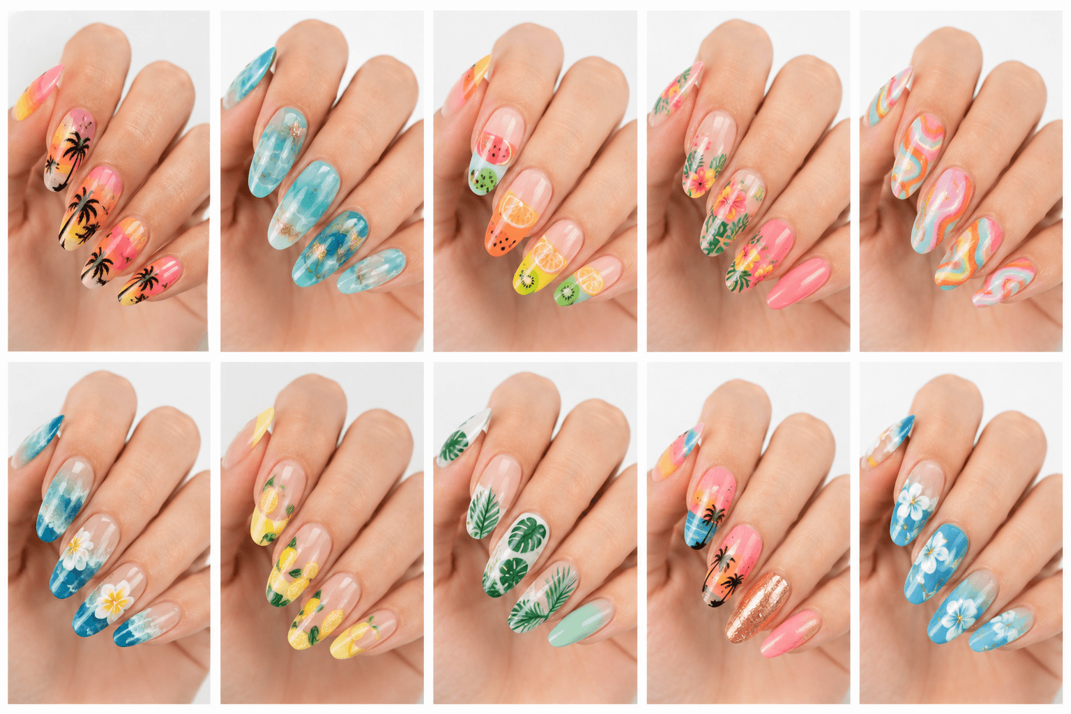 Summer nails are bright, fresh, and energetic designs inspired by sunshine, beaches, tropical fruit, clear water, flowers, vacations, festivals, and playful color. This theme can be juicy with jelly colors, beachy with shells and glass effects, bold with neon, or elegant with sheer nude and gold accents. Summer nails are perfect for vacation styling, pool parties, beach photos, travel content, and seasonal salon menus. They are also useful for apps and websites because the theme can be organized by color, destination, activity, and mood. From minimal coral tips to full tropical art, summer nails are versatile and highly photogenic.