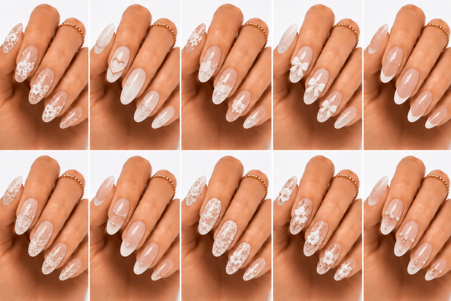 Wedding nails are designed to look elegant, romantic, polished, and timeless for brides, bridesmaids, and formal guests. This theme often includes milky bases, French tips, pearls, lace, flowers, soft chrome, shimmer, nude gradients, and delicate 3D accents. The goal is to enhance the hands without overpowering the dress, bouquet, or jewelry. Wedding nails can be minimal and clean, luxurious with crystals, dreamy with aurora glow, or classic with sheer pink and white. This theme is highly useful for salon websites, bridal menus, image galleries, and AI recommendations because it can be categorized by dress style, skin tone, season, ceremony mood, and level of decoration.