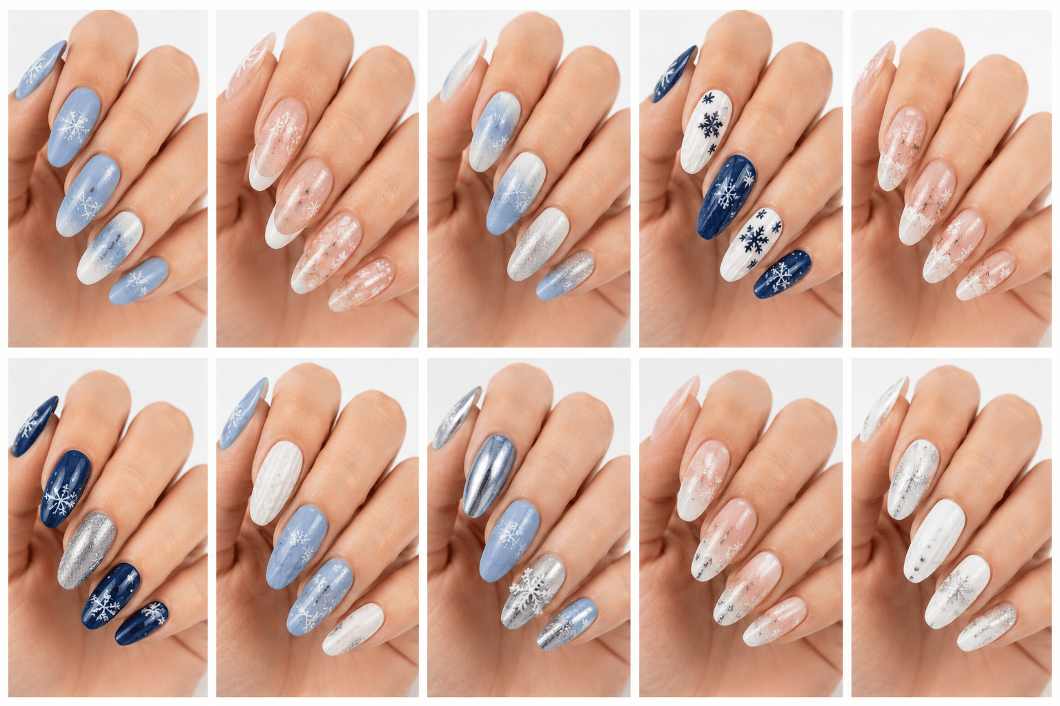 Winter nails are inspired by snow, ice, cozy knitwear, frosted windows, candlelight, holiday sparkle, and quiet cold-weather elegance. This theme often uses milky white, silver, icy blue, navy, gray, pearl, champagne, glitter, chrome, velvet effects, sweater textures, and snowflake motifs. Winter nails can be minimal and clean, festive and glamorous, soft and bridal, or cozy with embossed knit patterns. They are ideal for holiday menus, snow trips, winter weddings, year-end events, and seasonal beauty galleries. For apps and websites, the winter theme is easy to organize by color temperature, texture, sparkle level, and occasion.